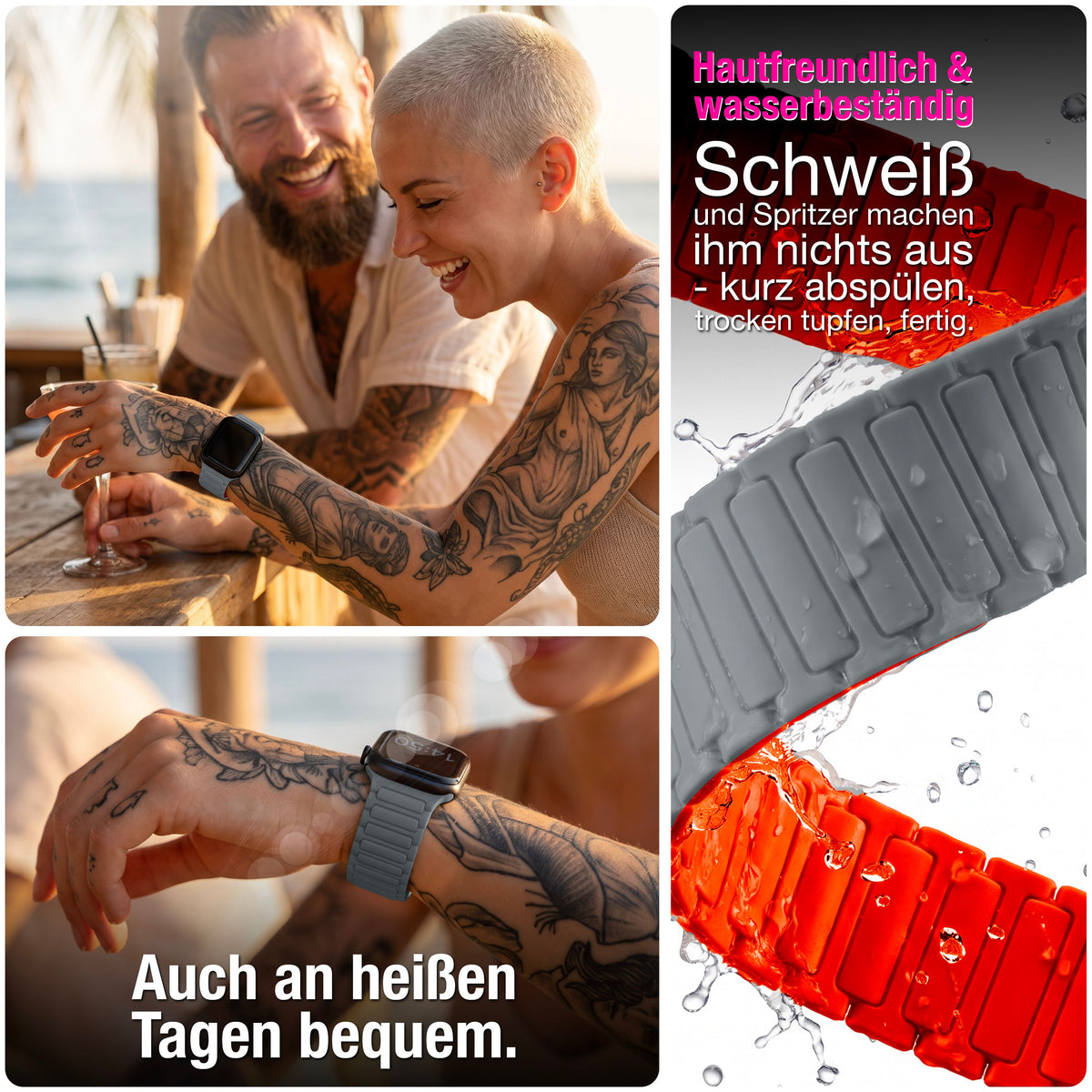NALIA Nexus Magnet Armband kompatibel mit Apple Watch Armband Series SE/iWatch 10 9 8 7 6 5 4 3 2 1, 38/40/41/42mm, Silikon Loop mit Rillendesign, Sportarmband Magnetisch Sandgrau Orange NALIA Silikon Armband