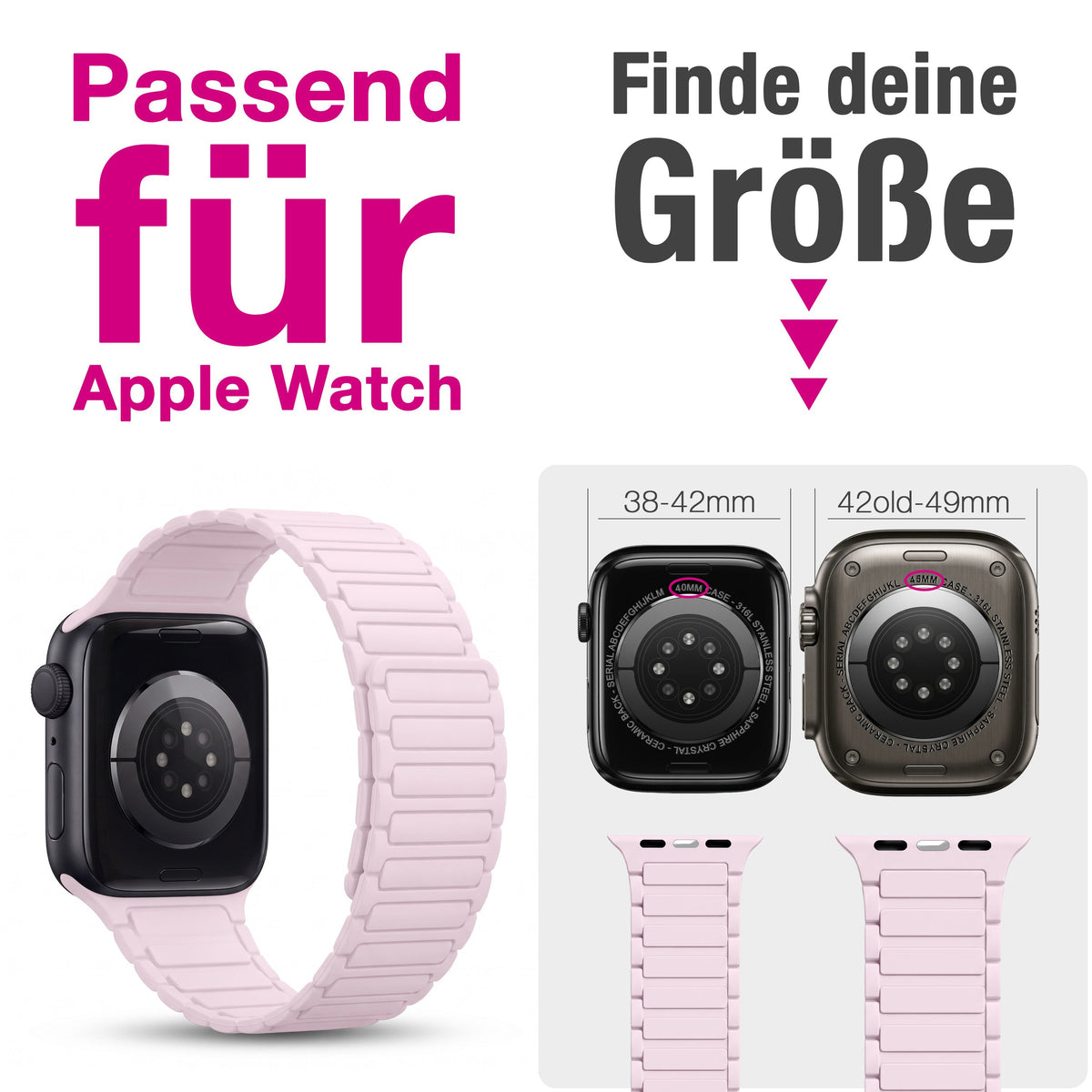 NALIA Nexus Magnet Armband kompatibel mit Apple Watch Armband Series SE/iWatch 10 9 8 7 6 5 4 3 2 1, 38/40/41/42mm, Silikon Loop mit Rillendesign, Sportarmband Magnetisch Zartrosa NALIA Silikon Armband