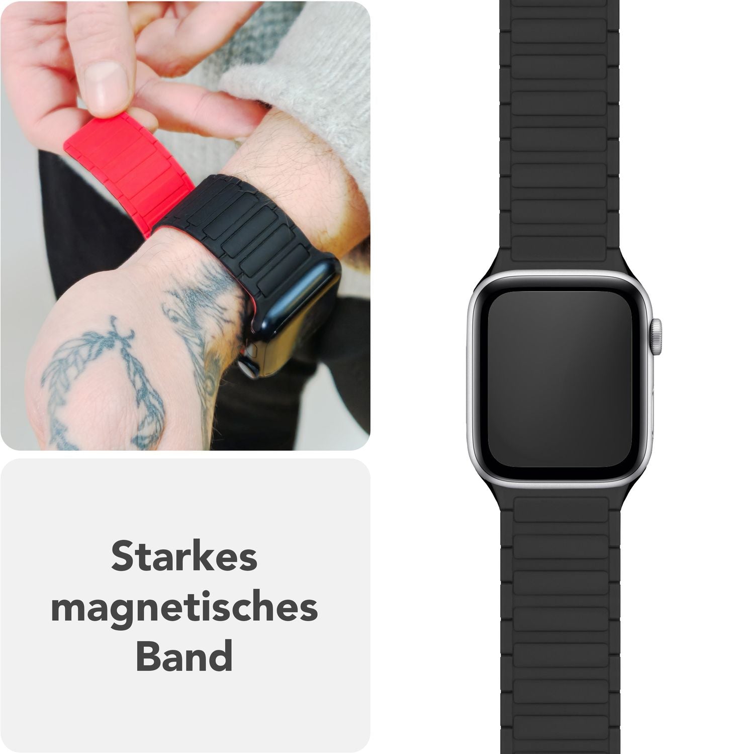 NALIA Nexus Armband für Apple Watch Ultra/SE/10/9/8/7/6/5/4/3/2/1, Gehäusegröße 42/44/45/46/49mm, Magnetisches Silikon Loop Sportarmband mit Wellenstruktur Nachtschwarz NALIA Silikon Armband