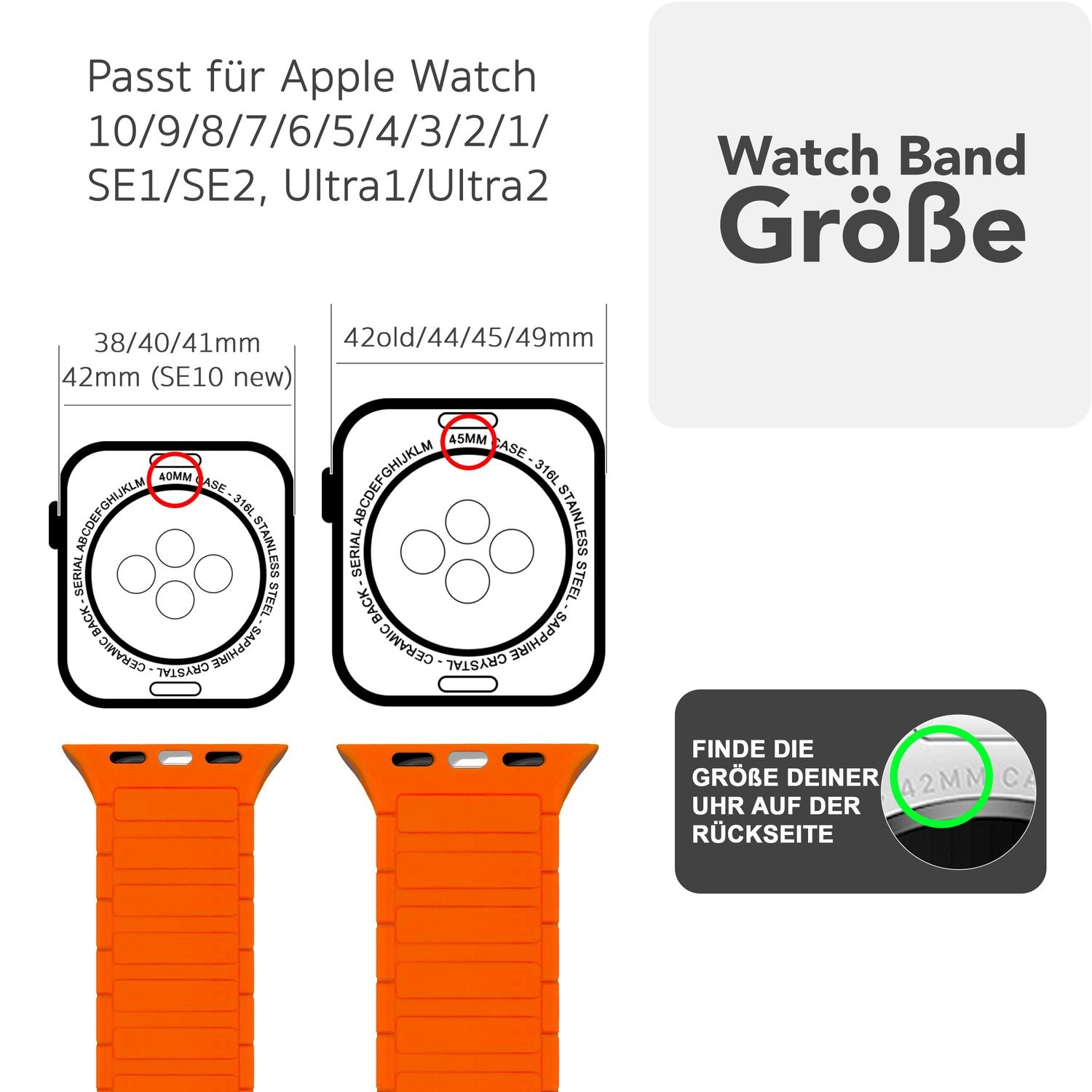NALIA Nexus Armband für Apple Watch Ultra/SE/10/9/8/7/6/5/4/3/2/1, Gehäusegröße 42/44/45/46/49mm, Magnetisches Silikon Loop Sportarmband mit Wellenstruktur Sandgrau Orange NALIA Silikon Armband
