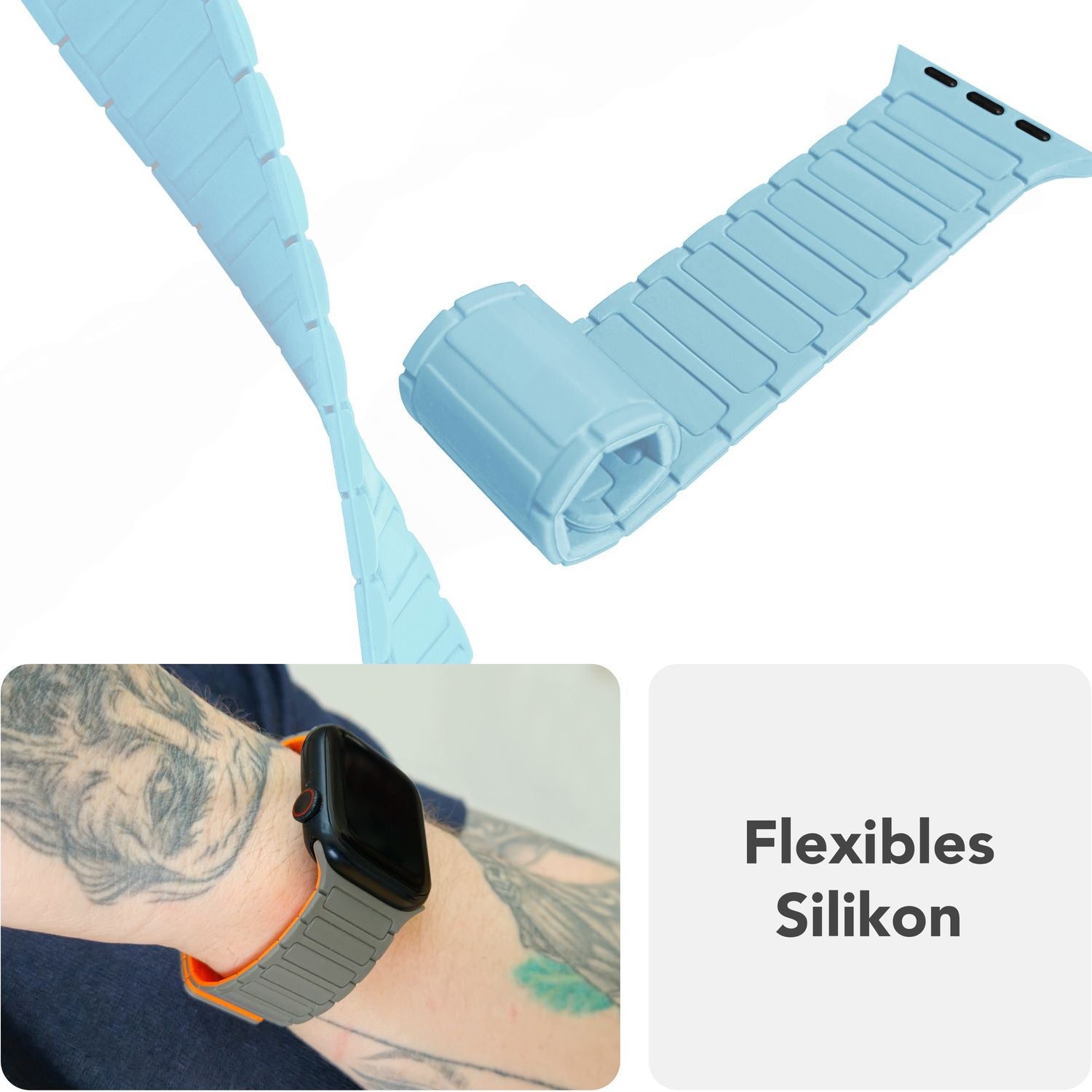 NALIA Nexus Armband für Apple Watch Ultra/SE/10/9/8/7/6/5/4/3/2/1, Gehäusegröße 42/44/45/46/49mm, Magnetisches Silikon Loop Sportarmband mit Wellenstruktur Ozeanblau NALIA Silikon Armband