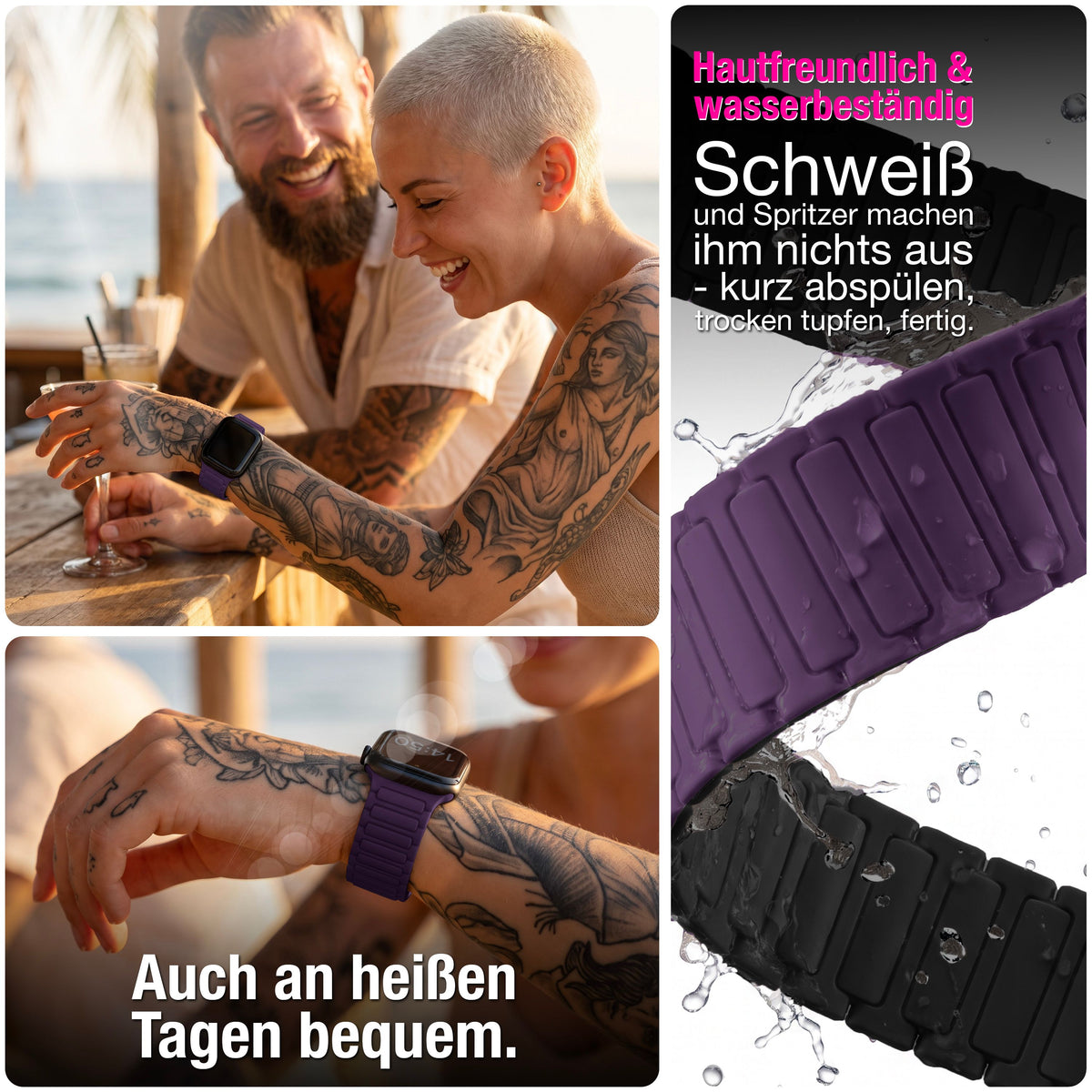 NALIA Nexus Magnet Armband kompatibel mit Apple Watch Armband Series Ultra/SE 10 9 8 7 6 5 4 3 2 1, 42/44/45/46/49mm, Silikon Loop mit Rillendesign, Sportarmband Beerenviolett NALIA Silikon Armband