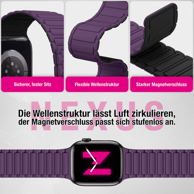 NALIA Nexus Magnet Armband kompatibel mit Apple Watch Armband Series Ultra/SE 10 9 8 7 6 5 4 3 2 1, 42/44/45/46/49mm, Silikon Loop mit Rillendesign, Sportarmband Beerenviolett NALIA Silikon Armband