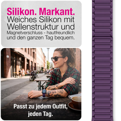 NALIA Nexus Magnet Armband kompatibel mit Apple Watch Armband Series Ultra/SE 10 9 8 7 6 5 4 3 2 1, 42/44/45/46/49mm, Silikon Loop mit Rillendesign, Sportarmband Beerenviolett NALIA Silikon Armband