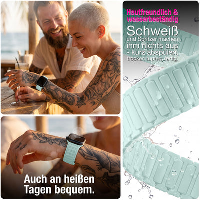 NALIA Nexus Magnet Armband kompatibel mit Apple Watch Armband Series Ultra/SE 10 9 8 7 6 5 4 3 2 1, 42/44/45/46/49mm, Silikon Loop mit Rillendesign, Sportarmband Eisminze NALIA Silikon Armband