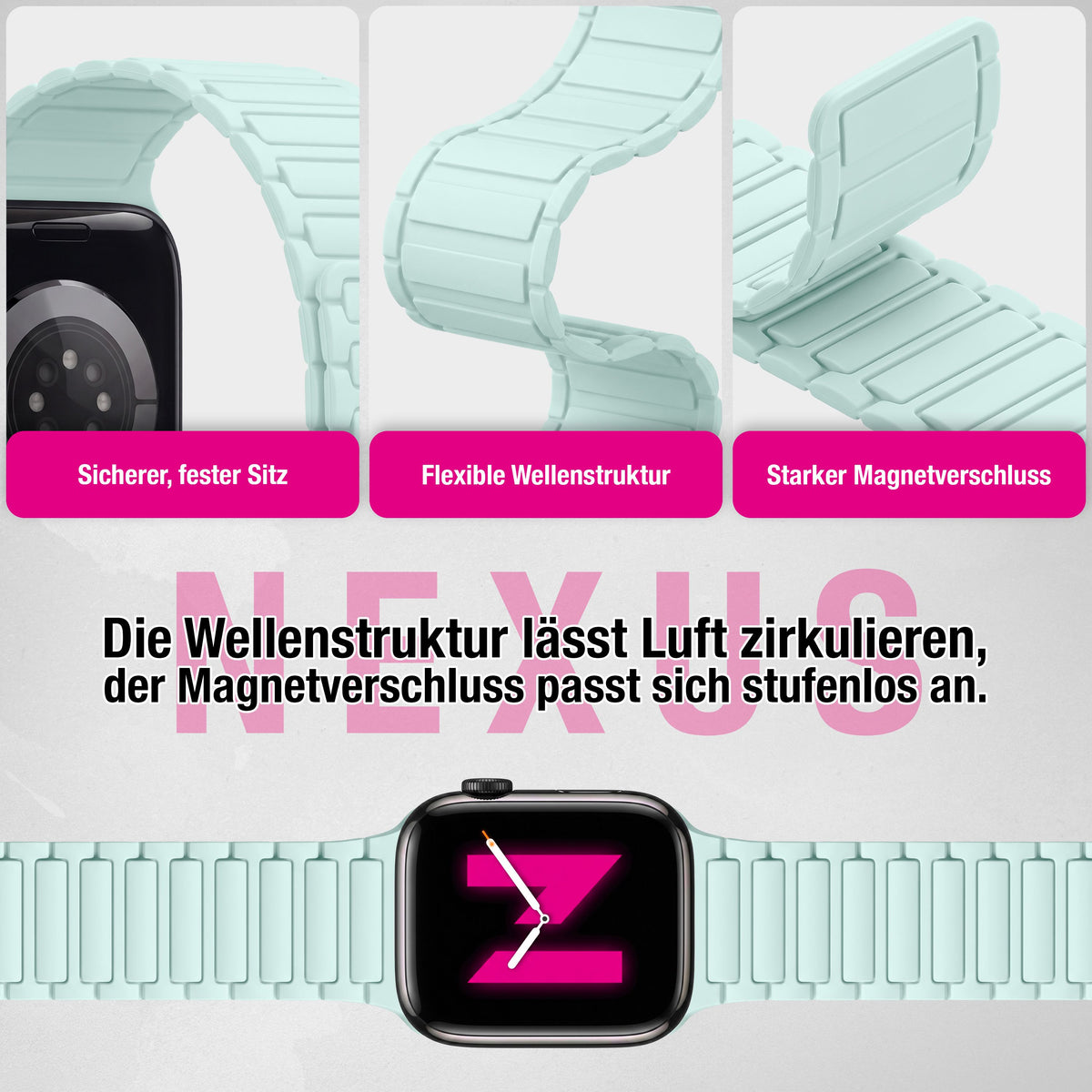 NALIA Nexus Magnet Armband kompatibel mit Apple Watch Armband Series Ultra/SE 10 9 8 7 6 5 4 3 2 1, 42/44/45/46/49mm, Silikon Loop mit Rillendesign, Sportarmband Eisminze NALIA Silikon Armband