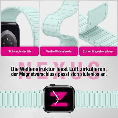 NALIA Nexus Magnet Armband kompatibel mit Apple Watch Armband Series Ultra/SE 10 9 8 7 6 5 4 3 2 1, 42/44/45/46/49mm, Silikon Loop mit Rillendesign, Sportarmband Eisminze NALIA Silikon Armband