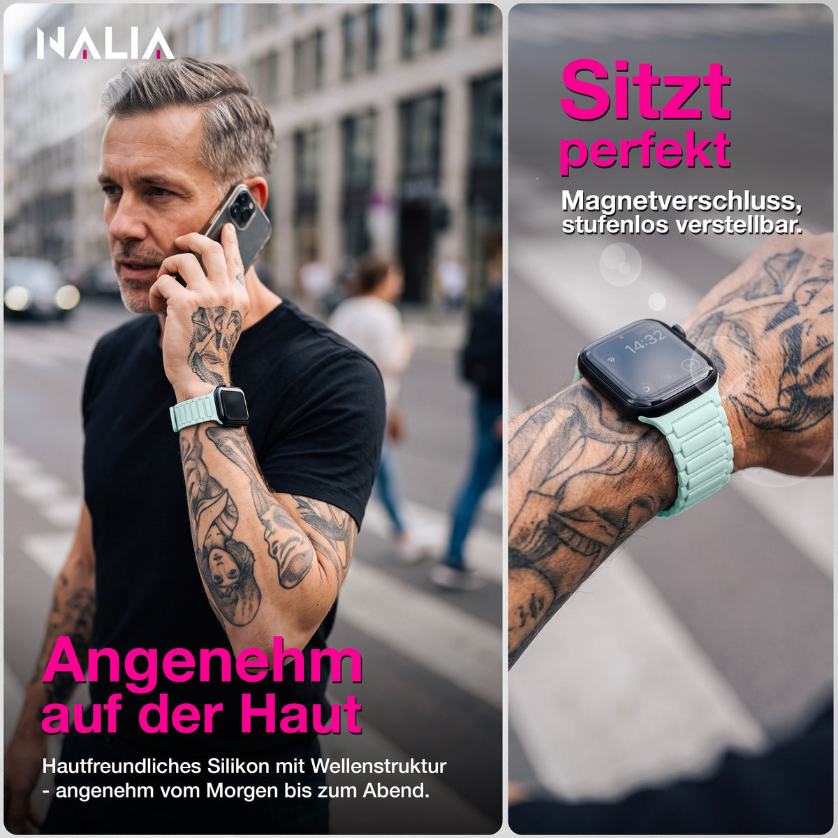 NALIA Nexus Magnet Armband kompatibel mit Apple Watch Armband Series Ultra/SE 10 9 8 7 6 5 4 3 2 1, 42/44/45/46/49mm, Silikon Loop mit Rillendesign, Sportarmband Eisminze NALIA Silikon Armband