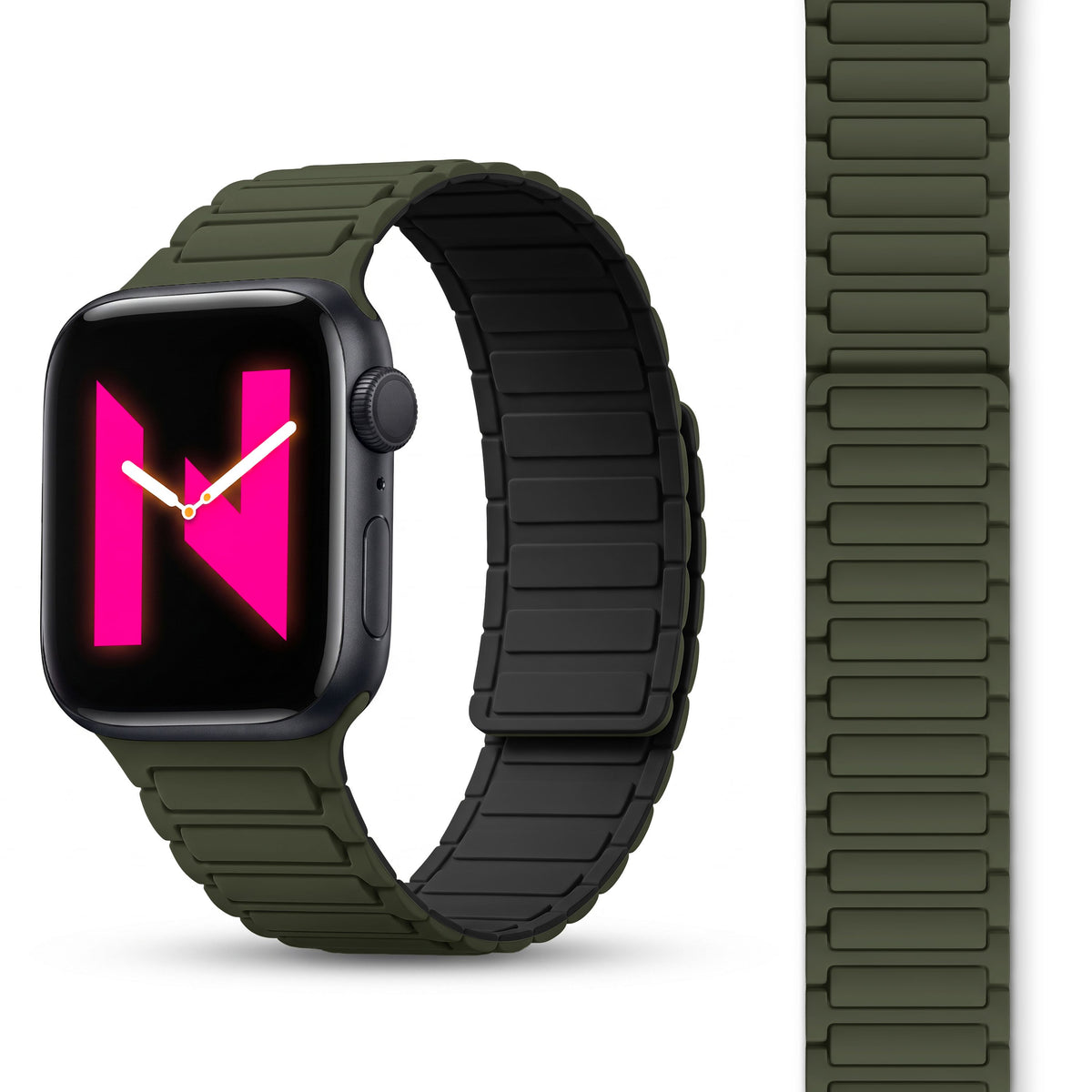 NALIA Nexus Magnet Armband kompatibel mit Apple Watch Armband Series Ultra/SE 10 9 8 7 6 5 4 3 2 1, 42/44/45/46/49mm, Silikon Loop mit Rillendesign, Sportarmband Military Grün NALIA Silikon Armband