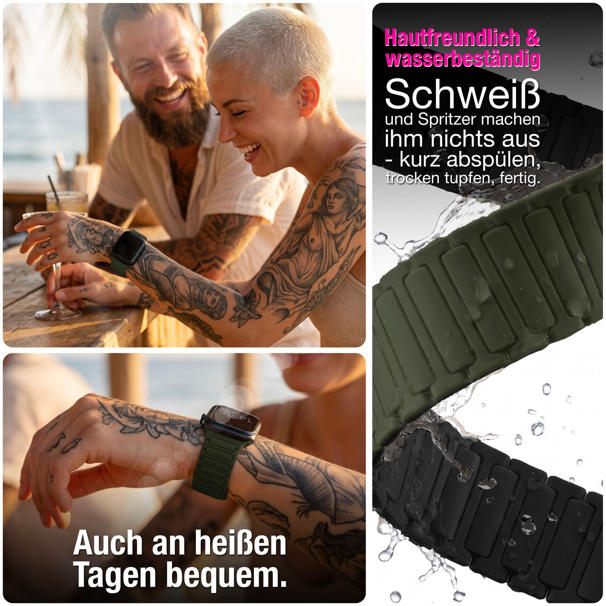 NALIA Nexus Magnet Armband kompatibel mit Apple Watch Armband Series Ultra/SE 10 9 8 7 6 5 4 3 2 1, 42/44/45/46/49mm, Silikon Loop mit Rillendesign, Sportarmband Military Grün NALIA Silikon Armband