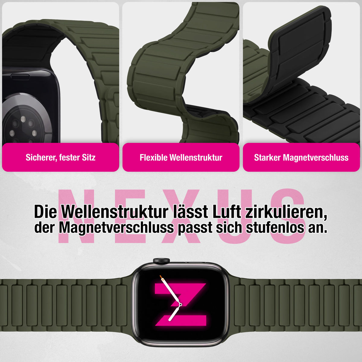 NALIA Nexus Magnet Armband kompatibel mit Apple Watch Armband Series Ultra/SE 10 9 8 7 6 5 4 3 2 1, 42/44/45/46/49mm, Silikon Loop mit Rillendesign, Sportarmband Military Grün NALIA Silikon Armband