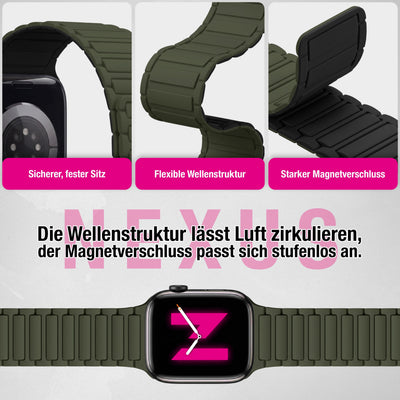 NALIA Nexus Magnet Armband kompatibel mit Apple Watch Armband Series Ultra/SE 10 9 8 7 6 5 4 3 2 1, 42/44/45/46/49mm, Silikon Loop mit Rillendesign, Sportarmband Military Grün NALIA Silikon Armband