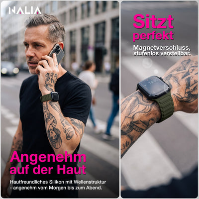 NALIA Nexus Magnet Armband kompatibel mit Apple Watch Armband Series Ultra/SE 10 9 8 7 6 5 4 3 2 1, 42/44/45/46/49mm, Silikon Loop mit Rillendesign, Sportarmband Military Grün NALIA Silikon Armband
