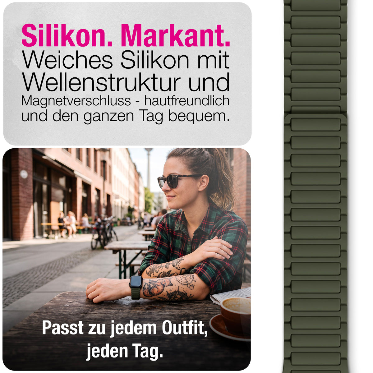 NALIA Nexus Magnet Armband kompatibel mit Apple Watch Armband Series Ultra/SE 10 9 8 7 6 5 4 3 2 1, 42/44/45/46/49mm, Silikon Loop mit Rillendesign, Sportarmband Military Grün NALIA Silikon Armband
