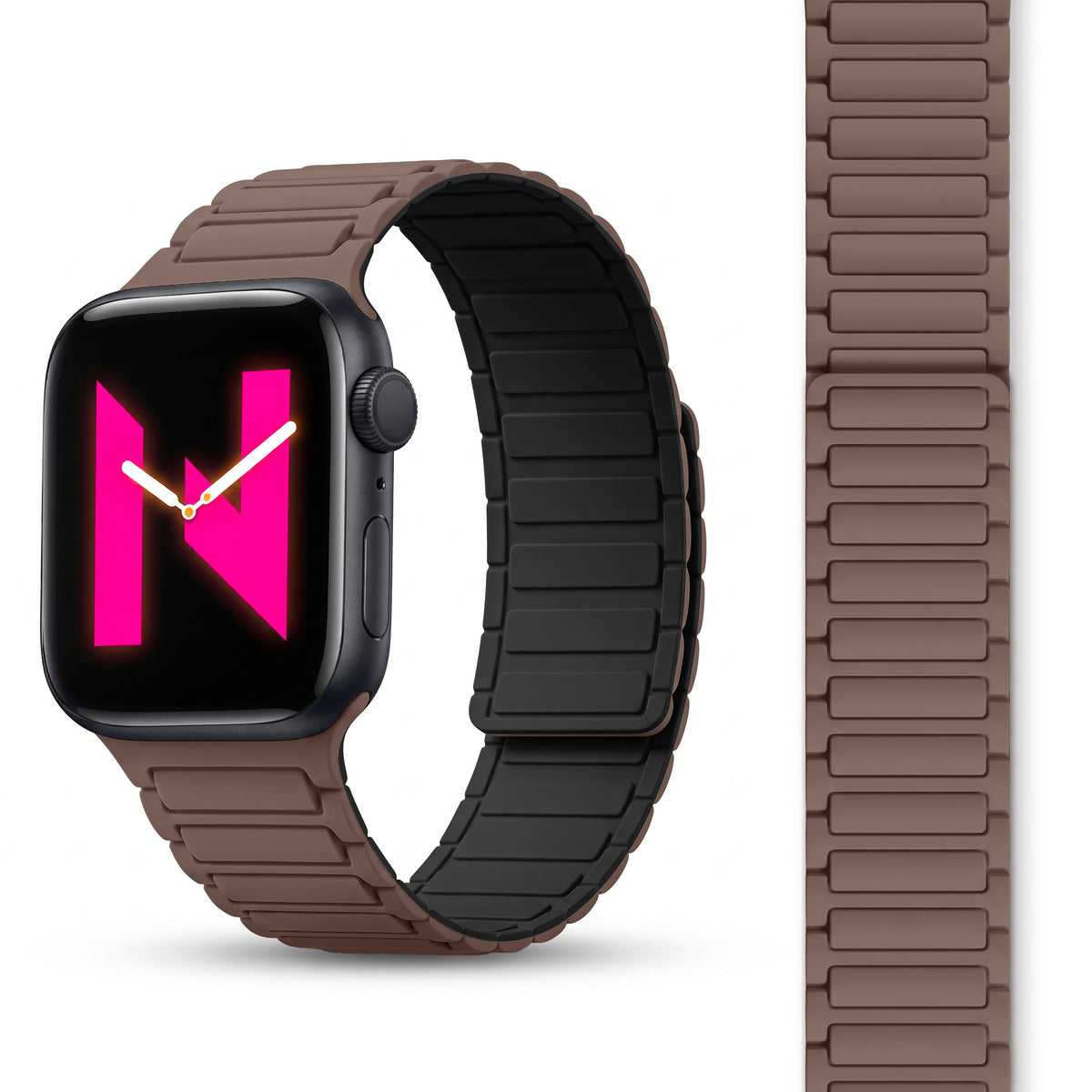 NALIA Nexus Magnet Armband kompatibel mit Apple Watch Armband Series Ultra/SE 10 9 8 7 6 5 4 3 2 1, 42/44/45/46/49mm, Silikon Loop mit Rillendesign, Sportarmband Mokkabraun NALIA Silikon Armband