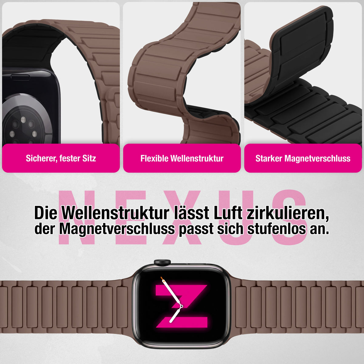 NALIA Nexus Magnet Armband kompatibel mit Apple Watch Armband Series Ultra/SE 10 9 8 7 6 5 4 3 2 1, 42/44/45/46/49mm, Silikon Loop mit Rillendesign, Sportarmband Mokkabraun NALIA Silikon Armband