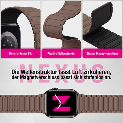 NALIA Nexus Magnet Armband kompatibel mit Apple Watch Armband Series Ultra/SE 10 9 8 7 6 5 4 3 2 1, 42/44/45/46/49mm, Silikon Loop mit Rillendesign, Sportarmband Mokkabraun NALIA Silikon Armband