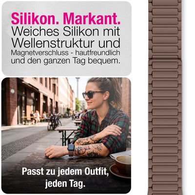 NALIA Nexus Magnet Armband kompatibel mit Apple Watch Armband Series Ultra/SE 10 9 8 7 6 5 4 3 2 1, 42/44/45/46/49mm, Silikon Loop mit Rillendesign, Sportarmband Mokkabraun NALIA Silikon Armband