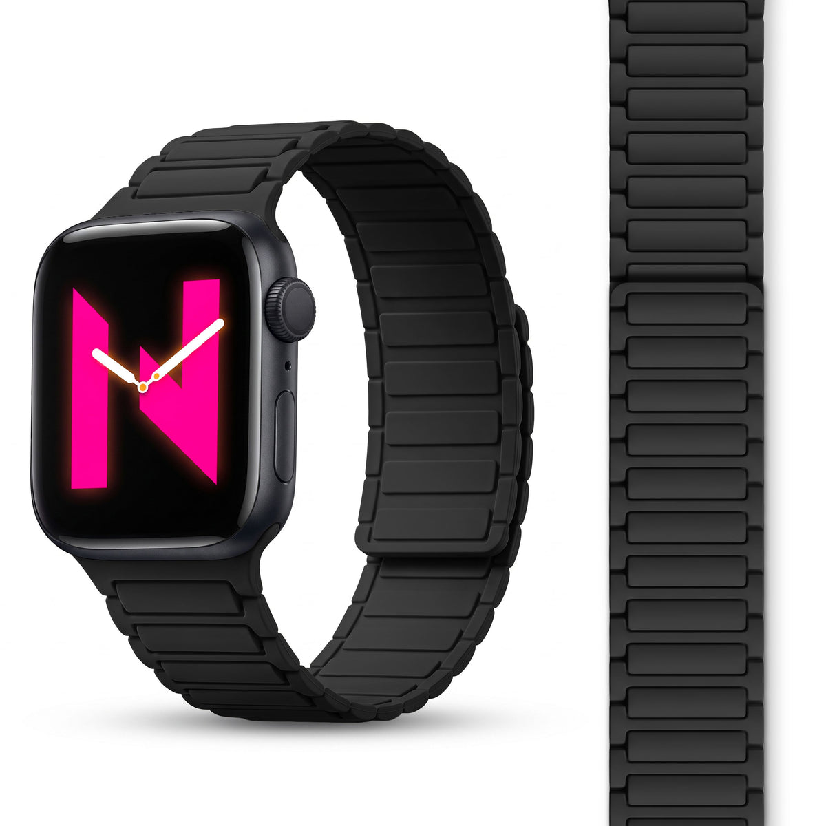 NALIA Nexus Magnet Armband kompatibel mit Apple Watch Armband Series Ultra/SE 10 9 8 7 6 5 4 3 2 1, 42/44/45/46/49mm, Silikon Loop mit Rillendesign, Sportarmband Nachtschwarz NALIA Silikon Armband
