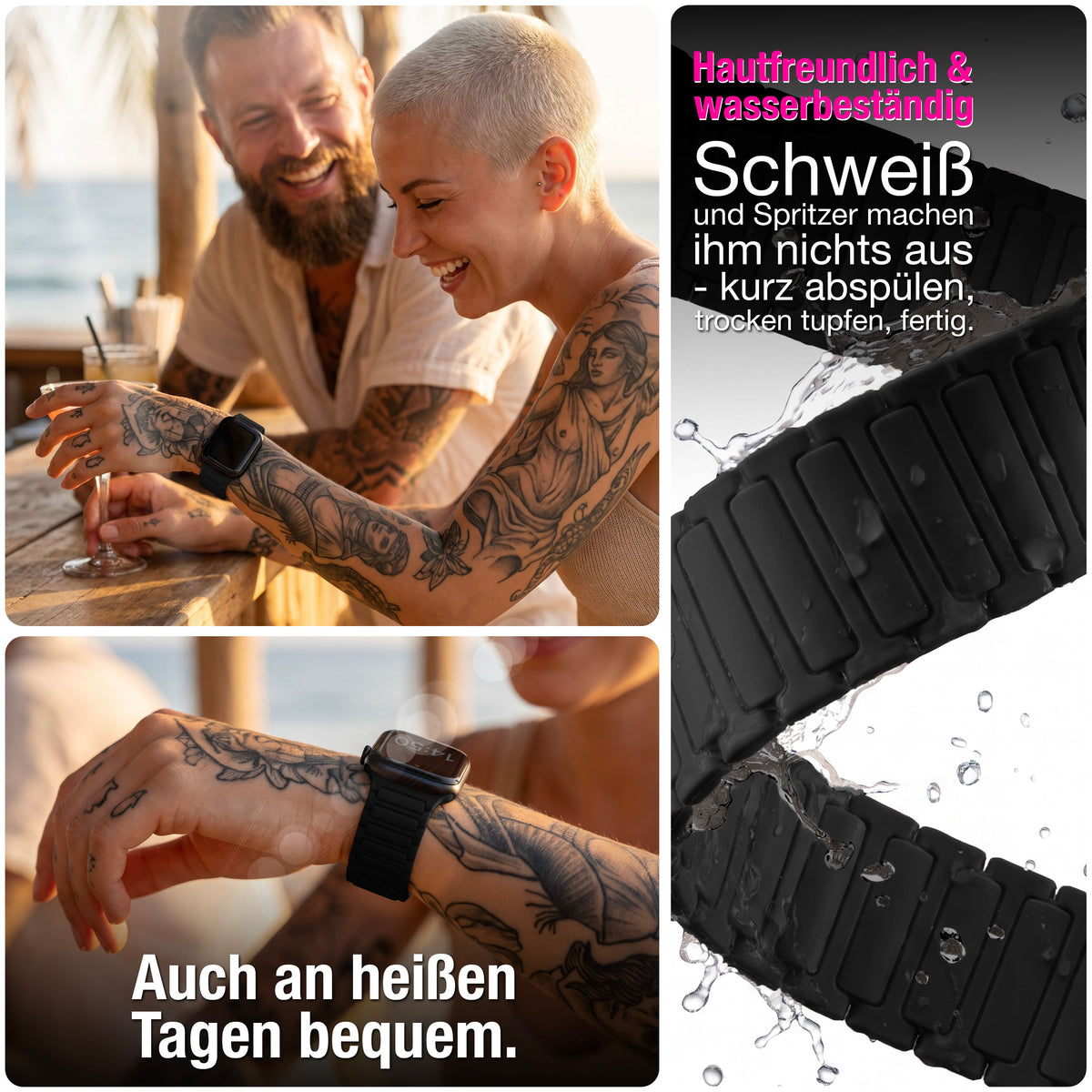 NALIA Nexus Magnet Armband kompatibel mit Apple Watch Armband Series Ultra/SE 10 9 8 7 6 5 4 3 2 1, 42/44/45/46/49mm, Silikon Loop mit Rillendesign, Sportarmband Nachtschwarz NALIA Silikon Armband