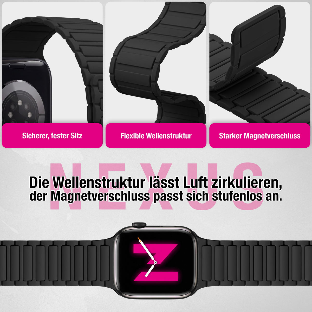 NALIA Nexus Magnet Armband kompatibel mit Apple Watch Armband Series Ultra/SE 10 9 8 7 6 5 4 3 2 1, 42/44/45/46/49mm, Silikon Loop mit Rillendesign, Sportarmband Nachtschwarz NALIA Silikon Armband