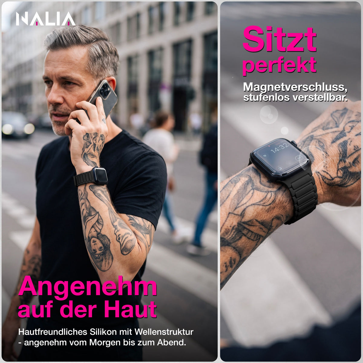 NALIA Nexus Magnet Armband kompatibel mit Apple Watch Armband Series Ultra/SE 10 9 8 7 6 5 4 3 2 1, 42/44/45/46/49mm, Silikon Loop mit Rillendesign, Sportarmband Nachtschwarz NALIA Silikon Armband