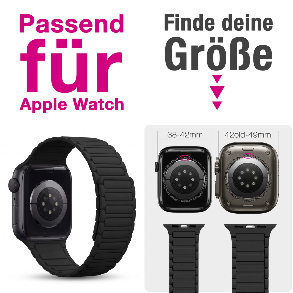 NALIA Nexus Magnet Armband kompatibel mit Apple Watch Armband Series Ultra/SE 10 9 8 7 6 5 4 3 2 1, 42/44/45/46/49mm, Silikon Loop mit Rillendesign, Sportarmband Nachtschwarz NALIA Silikon Armband