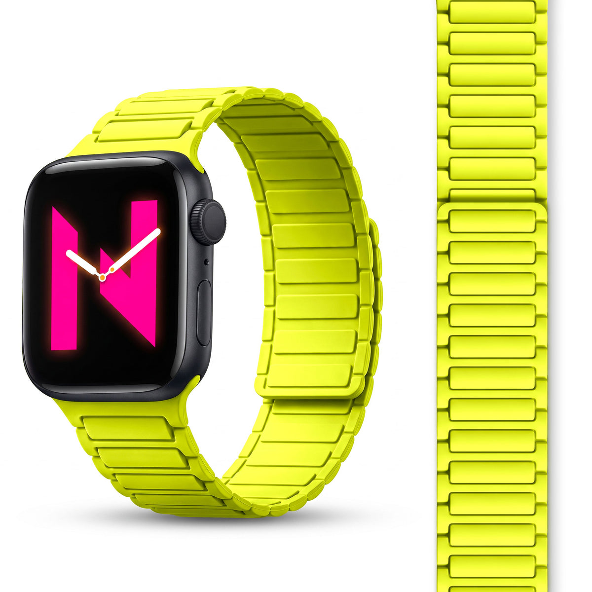 NALIA Nexus Magnet Armband kompatibel mit Apple Watch Armband Series Ultra/SE 10 9 8 7 6 5 4 3 2 1, 42/44/45/46/49mm, Silikon Loop mit Rillendesign, Sportarmband Neongelb NALIA Silikon Armband