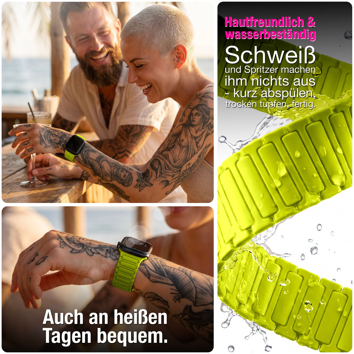 NALIA Nexus Magnet Armband kompatibel mit Apple Watch Armband Series Ultra/SE 10 9 8 7 6 5 4 3 2 1, 42/44/45/46/49mm, Silikon Loop mit Rillendesign, Sportarmband Neongelb NALIA Silikon Armband