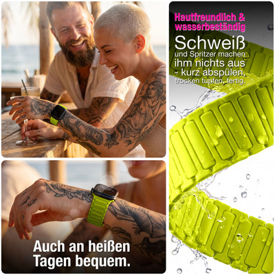 NALIA Nexus Magnet Armband kompatibel mit Apple Watch Armband Series Ultra/SE 10 9 8 7 6 5 4 3 2 1, 42/44/45/46/49mm, Silikon Loop mit Rillendesign, Sportarmband Neongelb NALIA Silikon Armband