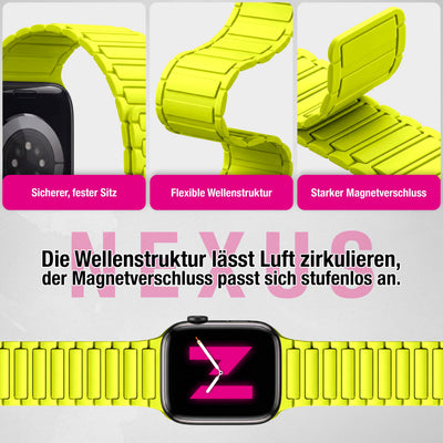NALIA Nexus Magnet Armband kompatibel mit Apple Watch Armband Series Ultra/SE 10 9 8 7 6 5 4 3 2 1, 42/44/45/46/49mm, Silikon Loop mit Rillendesign, Sportarmband Neongelb NALIA Silikon Armband