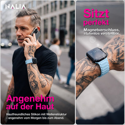NALIA Nexus Magnet Armband kompatibel mit Apple Watch Armband Series Ultra/SE 10 9 8 7 6 5 4 3 2 1, 42/44/45/46/49mm, Silikon Loop mit Rillendesign, Sportarmband Ozeanblau NALIA Silikon Armband
