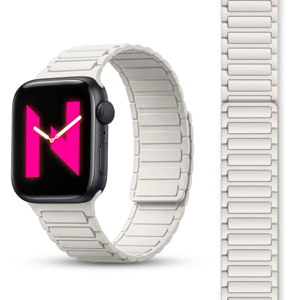 NALIA Nexus Magnet Armband kompatibel mit Apple Watch Armband Series Ultra/SE 10 9 8 7 6 5 4 3 2 1, 42/44/45/46/49mm, Silikon Loop mit Rillendesign, Sportarmband Polarstern Sandweiss NALIA Silikon Armband