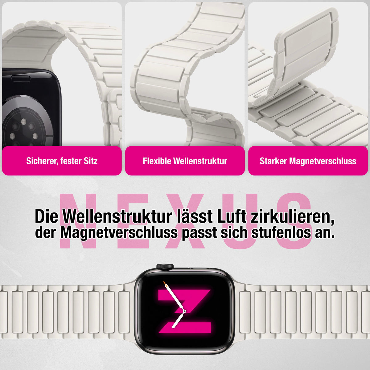 NALIA Nexus Magnet Armband kompatibel mit Apple Watch Armband Series Ultra/SE 10 9 8 7 6 5 4 3 2 1, 42/44/45/46/49mm, Silikon Loop mit Rillendesign, Sportarmband Polarstern Sandweiss NALIA Silikon Armband