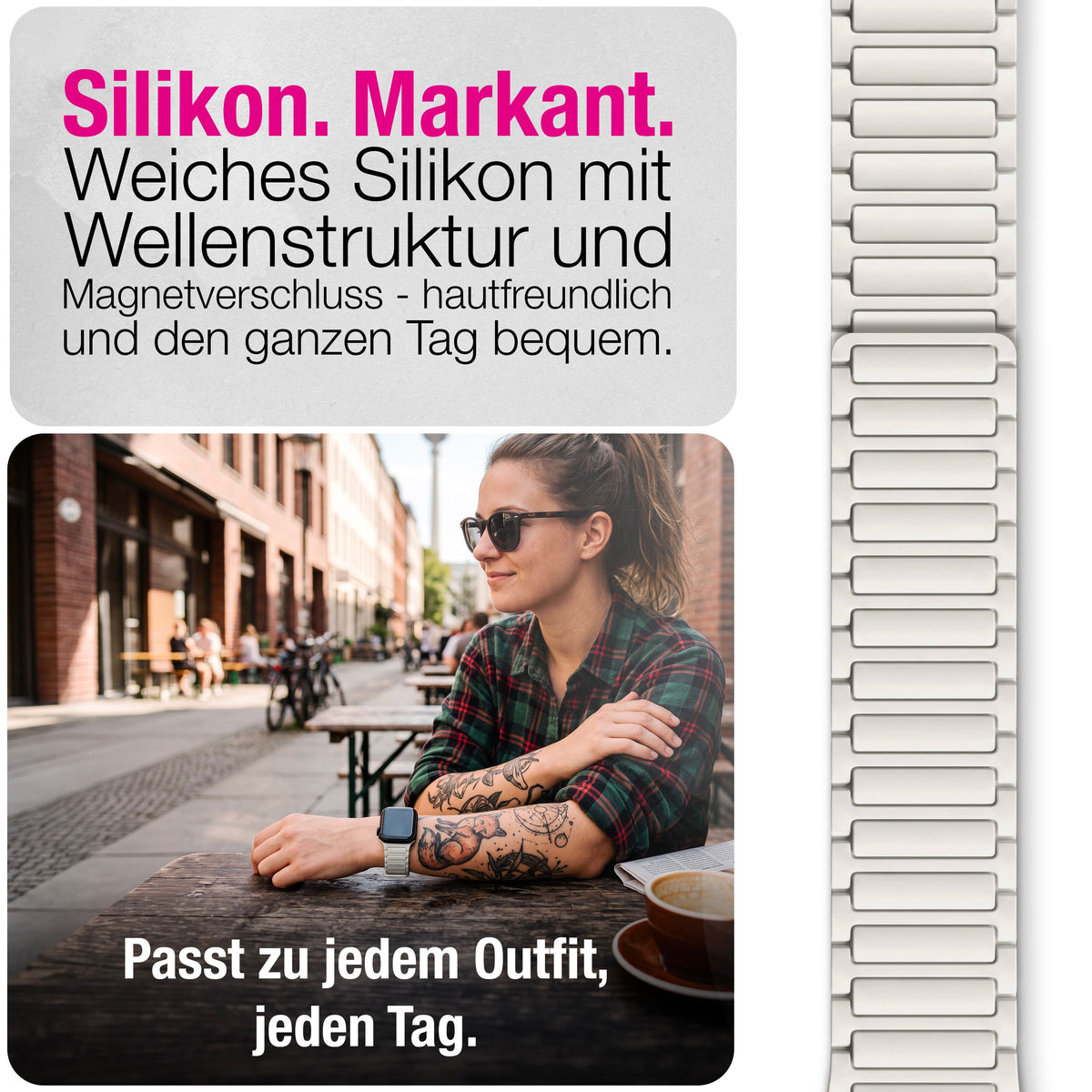 NALIA Nexus Magnet Armband kompatibel mit Apple Watch Armband Series Ultra/SE 10 9 8 7 6 5 4 3 2 1, 42/44/45/46/49mm, Silikon Loop mit Rillendesign, Sportarmband Polarstern Sandweiss NALIA Silikon Armband