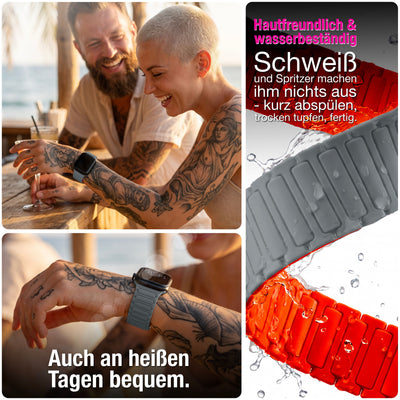 NALIA Nexus Magnet Armband kompatibel mit Apple Watch Armband Series Ultra/SE 10 9 8 7 6 5 4 3 2 1, 42/44/45/46/49mm, Silikon Loop mit Rillendesign, Sportarmband Sandgrau Orange NALIA Silikon Armband