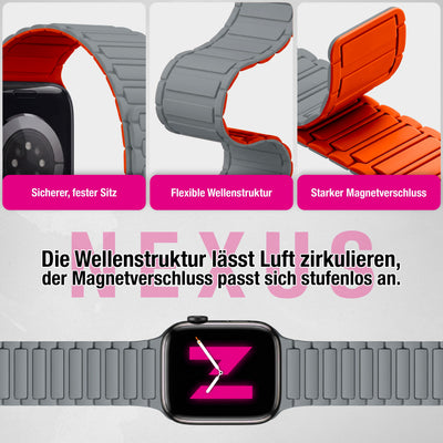 NALIA Nexus Magnet Armband kompatibel mit Apple Watch Armband Series Ultra/SE 10 9 8 7 6 5 4 3 2 1, 42/44/45/46/49mm, Silikon Loop mit Rillendesign, Sportarmband Sandgrau Orange NALIA Silikon Armband