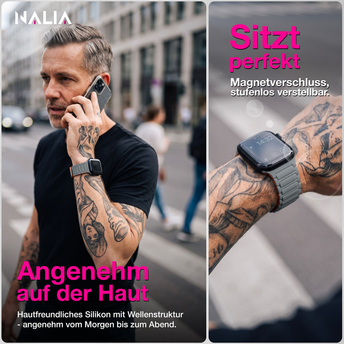 NALIA Nexus Magnet Armband kompatibel mit Apple Watch Armband Series Ultra/SE 10 9 8 7 6 5 4 3 2 1, 42/44/45/46/49mm, Silikon Loop mit Rillendesign, Sportarmband Sandgrau Orange NALIA Silikon Armband