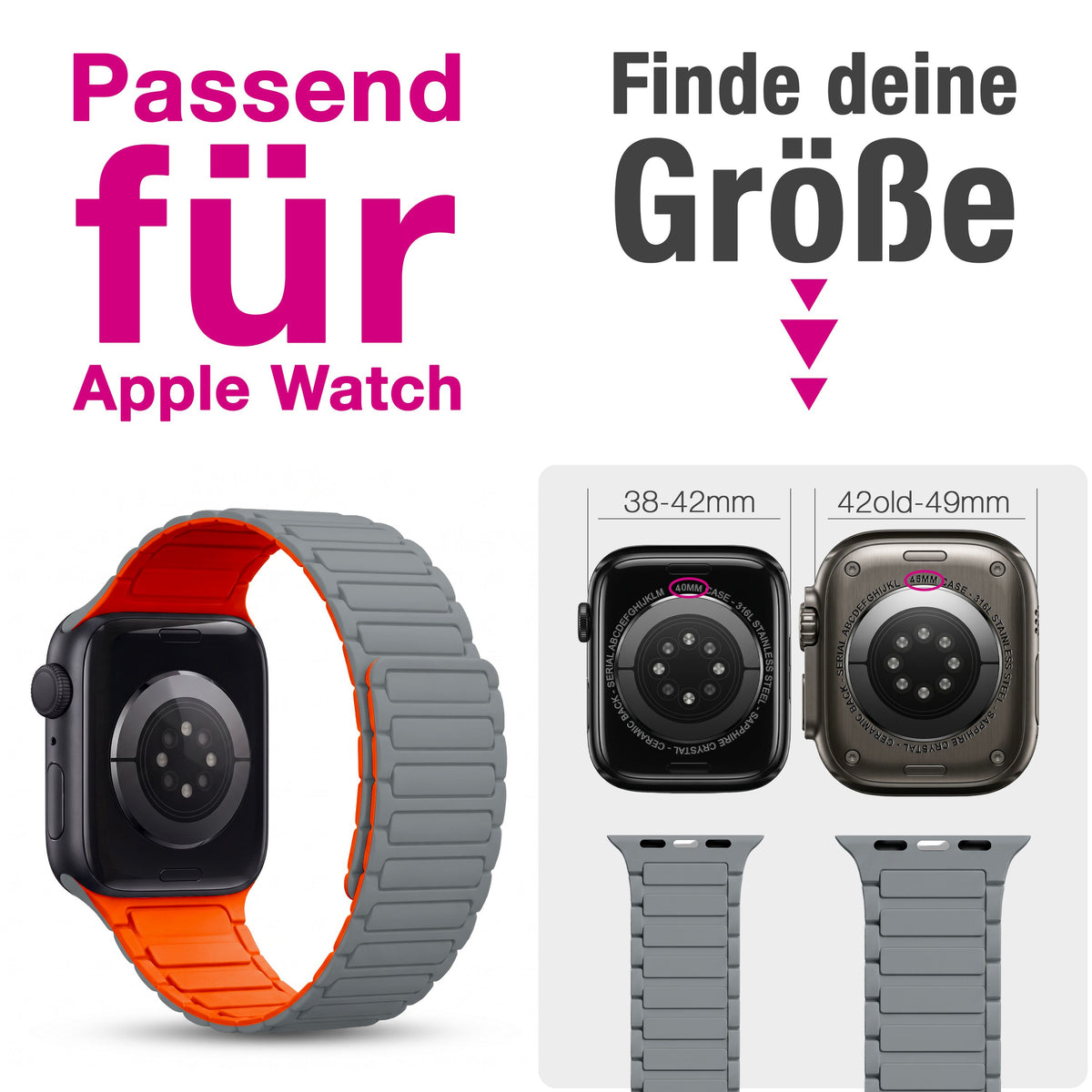 NALIA Nexus Magnet Armband kompatibel mit Apple Watch Armband Series Ultra/SE 10 9 8 7 6 5 4 3 2 1, 42/44/45/46/49mm, Silikon Loop mit Rillendesign, Sportarmband Sandgrau Orange NALIA Silikon Armband