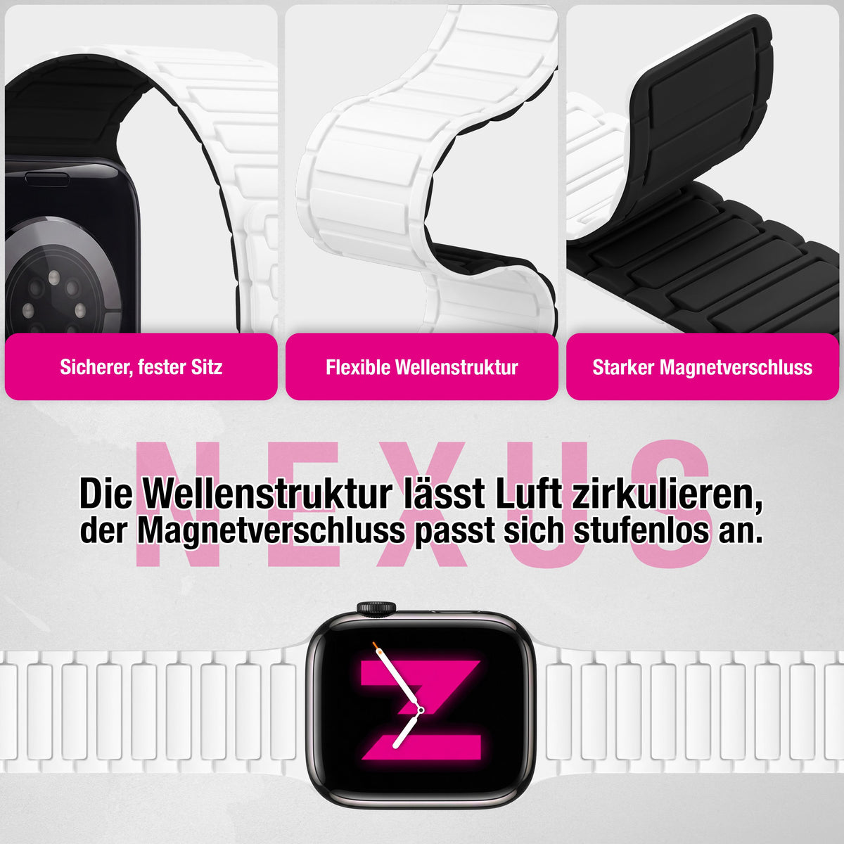 NALIA Nexus Magnet Armband kompatibel mit Apple Watch Armband Series Ultra/SE 10 9 8 7 6 5 4 3 2 1, 42/44/45/46/49mm, Silikon Loop mit Rillendesign, Sportarmband Schneeweiß NALIA Silikon Armband
