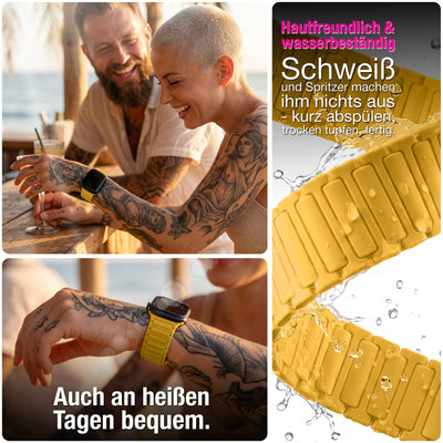 NALIA Nexus Magnet Armband kompatibel mit Apple Watch Armband Series Ultra/SE 10 9 8 7 6 5 4 3 2 1, 42/44/45/46/49mm, Silikon Loop mit Rillendesign, Sportarmband Sonnengelb NALIA Silikon Armband