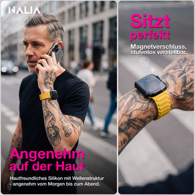 NALIA Nexus Magnet Armband kompatibel mit Apple Watch Armband Series Ultra/SE 10 9 8 7 6 5 4 3 2 1, 42/44/45/46/49mm, Silikon Loop mit Rillendesign, Sportarmband Sonnengelb NALIA Silikon Armband