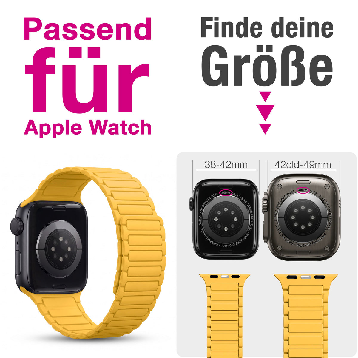 NALIA Nexus Magnet Armband kompatibel mit Apple Watch Armband Series Ultra/SE 10 9 8 7 6 5 4 3 2 1, 42/44/45/46/49mm, Silikon Loop mit Rillendesign, Sportarmband Sonnengelb NALIA Silikon Armband