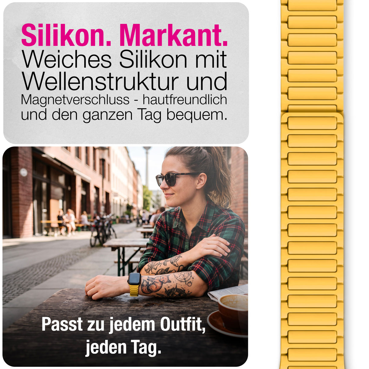 NALIA Nexus Magnet Armband kompatibel mit Apple Watch Armband Series Ultra/SE 10 9 8 7 6 5 4 3 2 1, 42/44/45/46/49mm, Silikon Loop mit Rillendesign, Sportarmband Sonnengelb NALIA Silikon Armband