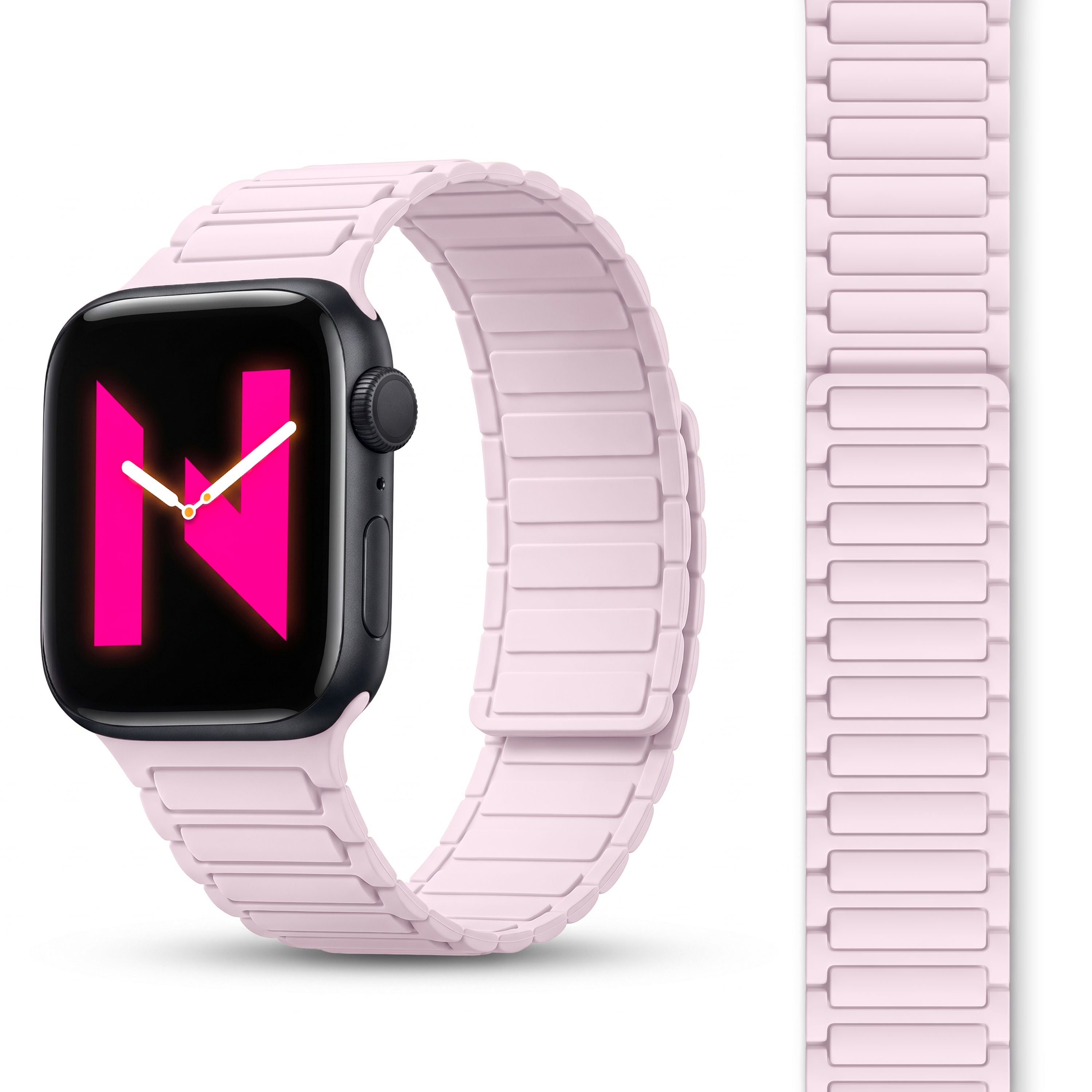 NALIA Nexus Magnet Armband kompatibel mit Apple Watch Armband Series Ultra/SE 10 9 8 7 6 5 4 3 2 1, 42/44/45/46/49mm, Silikon Loop mit Rillendesign, Sportarmband Zartrosa NALIA Silikon Armband