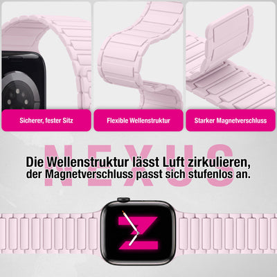 NALIA Nexus Magnet Armband kompatibel mit Apple Watch Armband Series Ultra/SE 10 9 8 7 6 5 4 3 2 1, 42/44/45/46/49mm, Silikon Loop mit Rillendesign, Sportarmband Zartrosa NALIA Silikon Armband