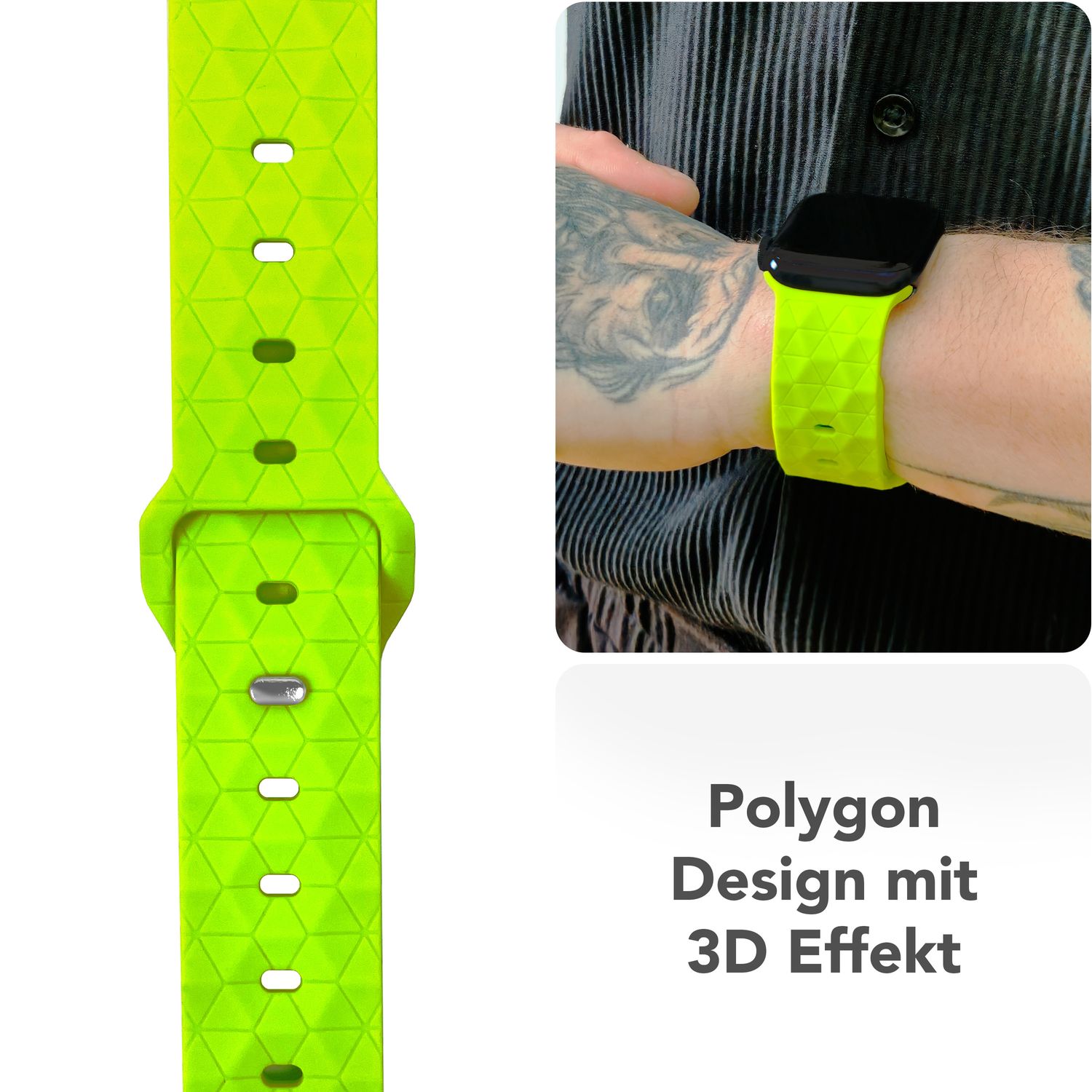 NALIA Hexion Armband für Apple Watch Series SE/10/9/8/7/6/5/4/3/2/1, Gehäusegröße 38/40/41/42mm, Silikon Loop Sportarmband mit Steck-Pin & im Hexagon Design Neon Gelb NALIA Silikon Armband