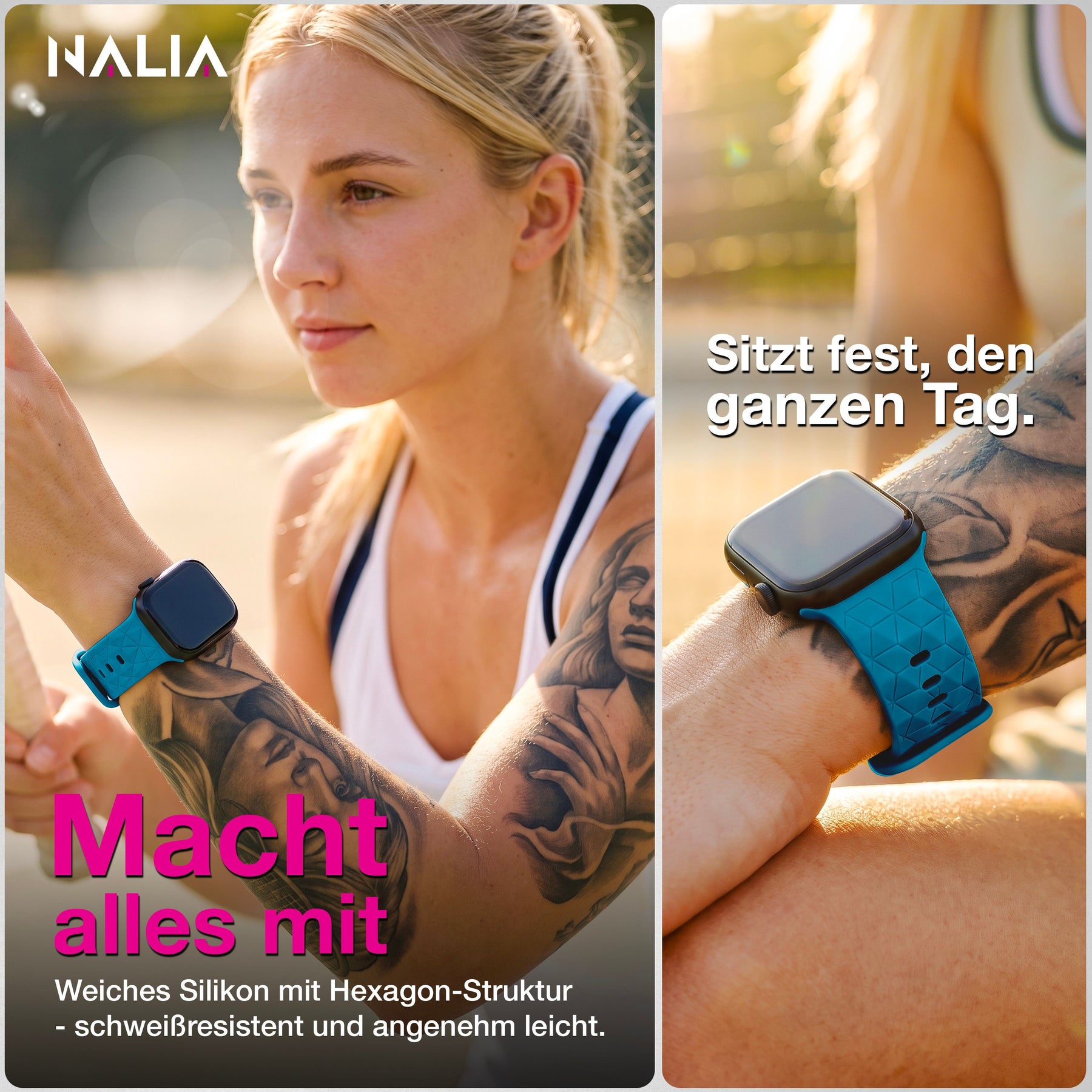 NALIA Hexion Armband kompatibel mit Apple Watch Armband Series SE/iWatch 10 9 8 7 6 5 4 3 2 1, 38/40/41/42mm, Silikon Loop mit Hexagon Design, Sportarmband Steck-Pin-Verschluss Atlantikblau NALIA Silikon Armband