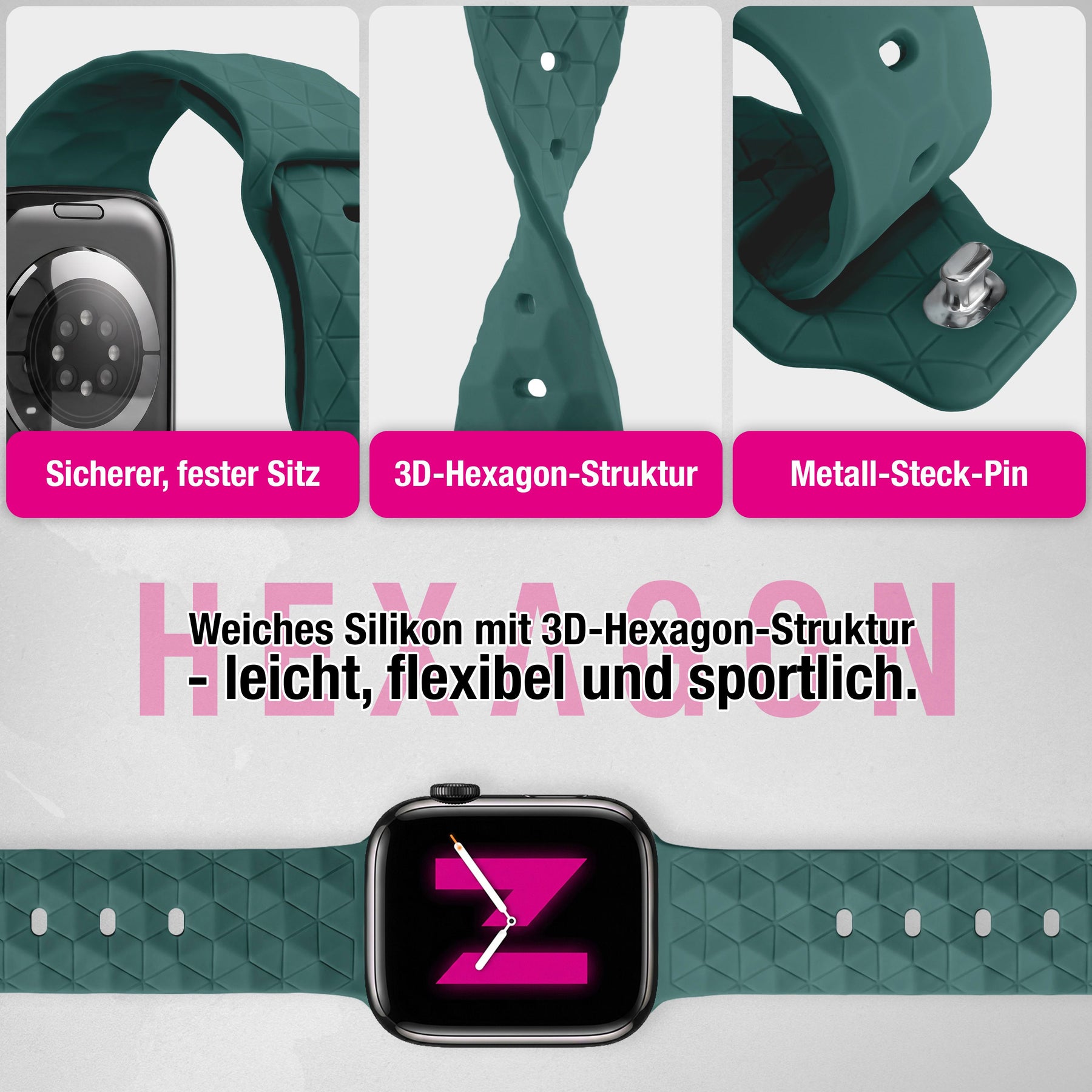 NALIA Hexion Armband kompatibel mit Apple Watch Armband Series SE/iWatch 10 9 8 7 6 5 4 3 2 1, 38/40/41/42mm, Silikon Loop mit Hexagon Design, Sportarmband Steck-Pin-Verschluss Fichtengrün NALIA Silikon Armband