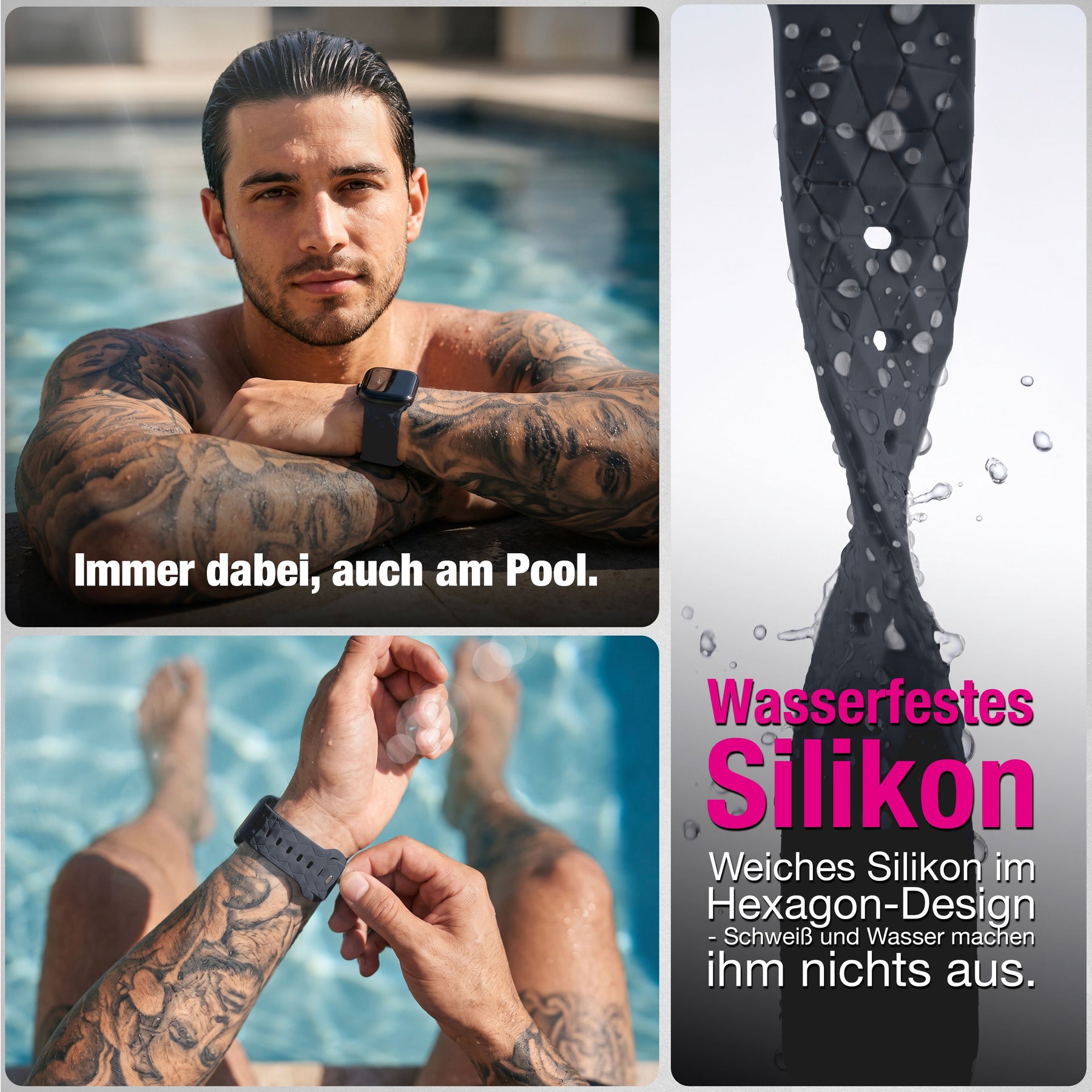 NALIA Hexion Armband kompatibel mit Apple Watch Armband Series SE/iWatch 10 9 8 7 6 5 4 3 2 1, 38/40/41/42mm, Silikon Loop mit Hexagon Design, Sportarmband Steck-Pin-Verschluss Graphitgrau NALIA Silikon Armband
